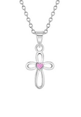 very nice small silver pink open heart baby cross necklace